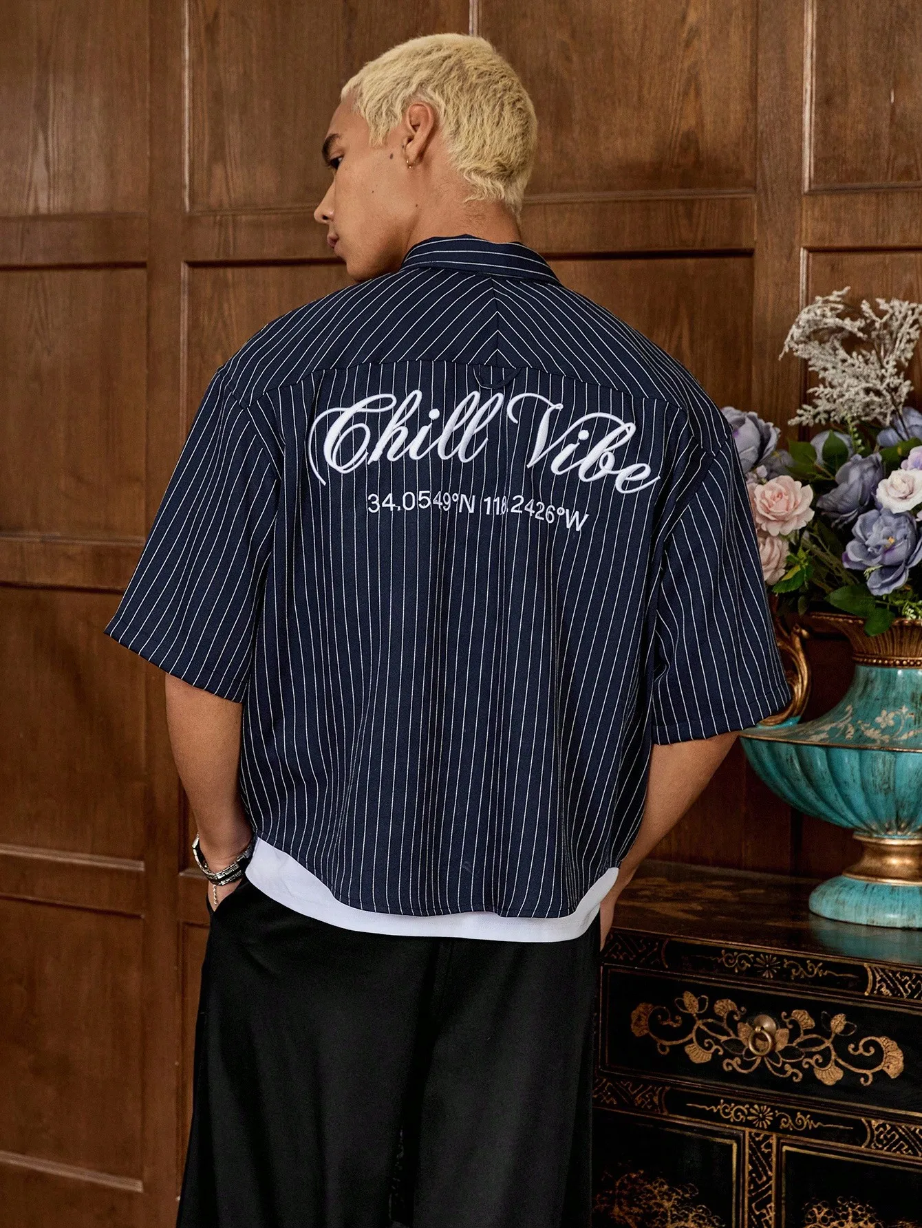 

Men's Navy White Striped Short Sleeve Loose Fit Casual Shirt with Script Text Back Print