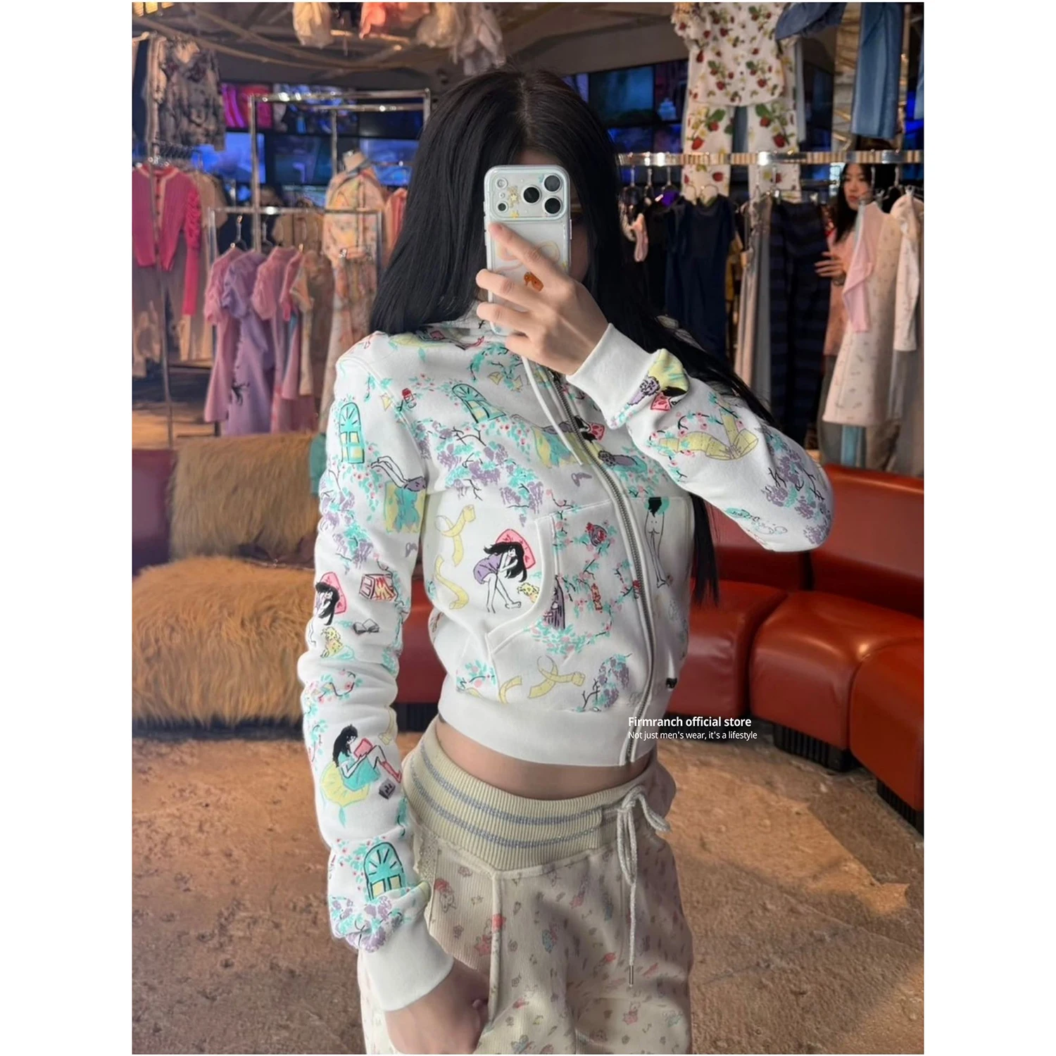 

Firmranch Women’s American Vintage Cartoon Full Print Hoodie Sweatpants 2Pcs Set, Slim Fit Streetwear Tracksuit Hot Girl Y2K
