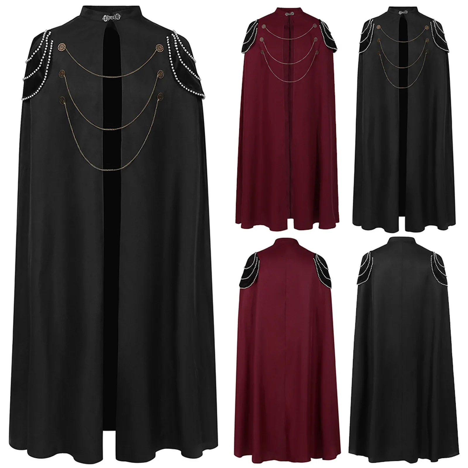 

Men Medieval Royal Cloak Black Wine Red Retro Bead Curtain Hooded Cape with Chain King Guard High Collar Robe