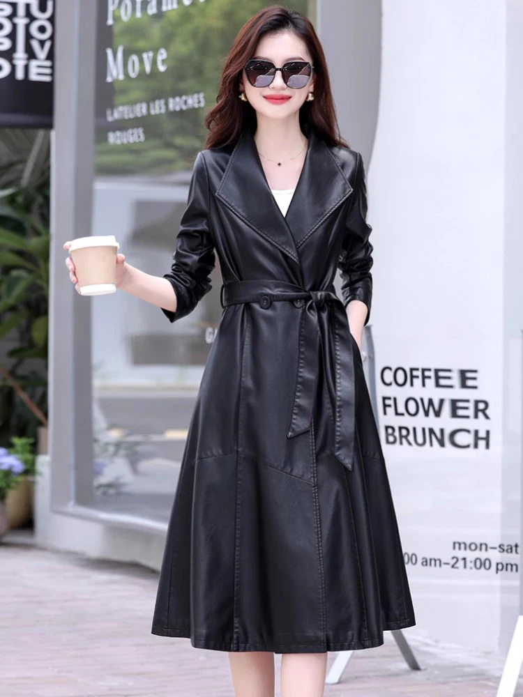 New Women Split Leather Coat Spring Autumn Fashion Elegant Chic Turn-down Collar Lace-up Slim Sheepskin Long Trench Coat