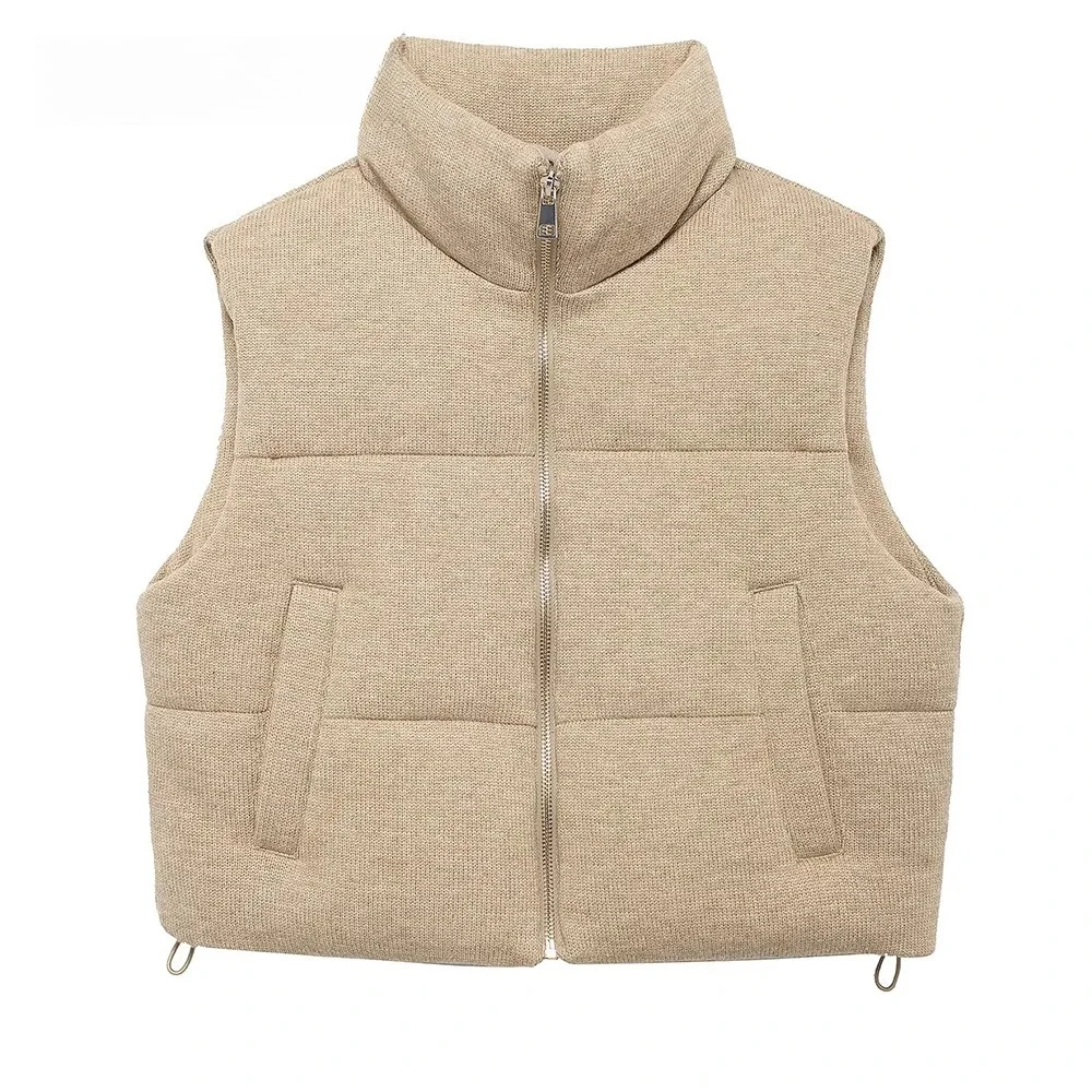 

KONDALA Fashion 2024 Winter Solid Khaki Sleeveless Cotton-padded Jacket Streetwear Crew Neck Zipper Casual Vintage Vest Outwear