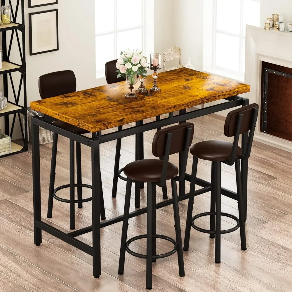 2023 New Table and 4 Chairs Set Industrial Counter Height Pub Table with Bar 5 Pieces Dining Set Home Kitchen