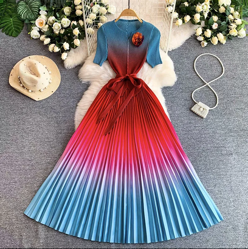 Miyake New Dragon Scale Pleats Gradual Change Color Fixed Flowers Loose Pleats High Waist Thin Pleats Versatile Dress