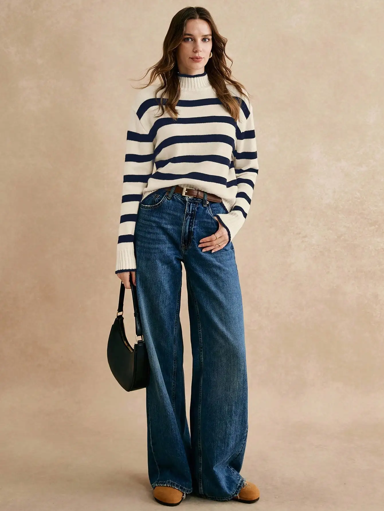 

Women's Striped High Neck Drop Shoulder Long Sleeve Casual Knit Sweater for Fall Winter