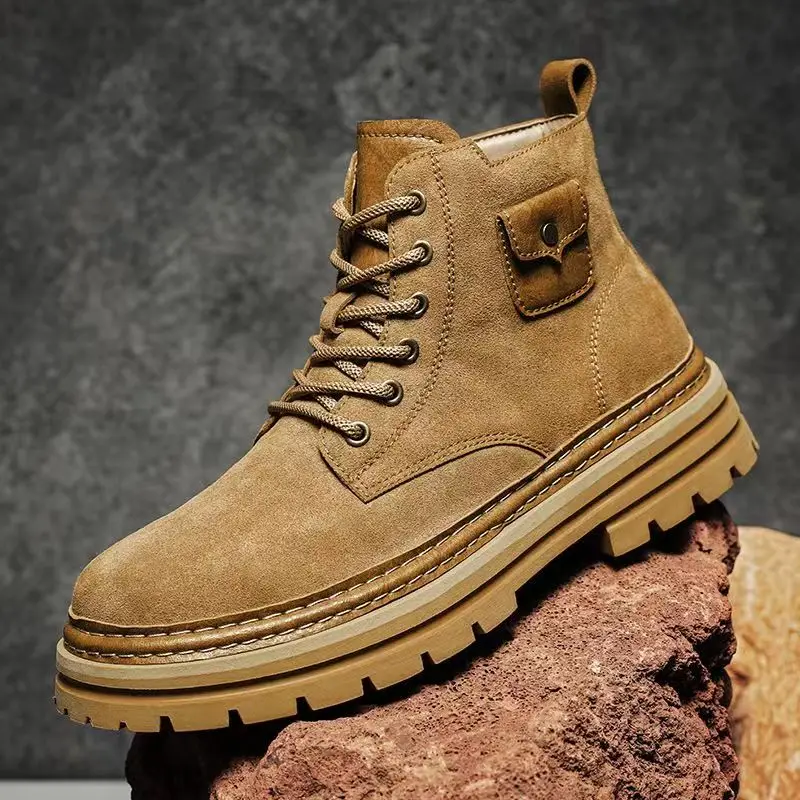 

Autumn Winter New Men Real Leather Ankle Work Boots Thick Sole Non Slip Waterproof High Top Lace Up Outdoor Hiking Shoes