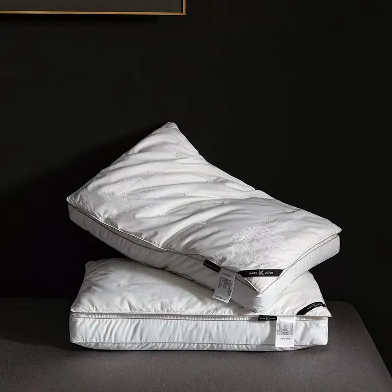 Natural Silk Filled Pillow Pure Cotton Satin Jacquard White Anti Mite Stereoscopic Edge Hotel Grey Bedding Pillows For Sleeping