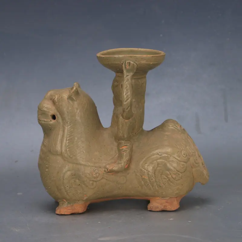 Western Jin Dynasty Yue Ware Green Glaze Ancient Beast Figure Oil Lamp Candlestick Chinese Vintage Home Decor Collectible