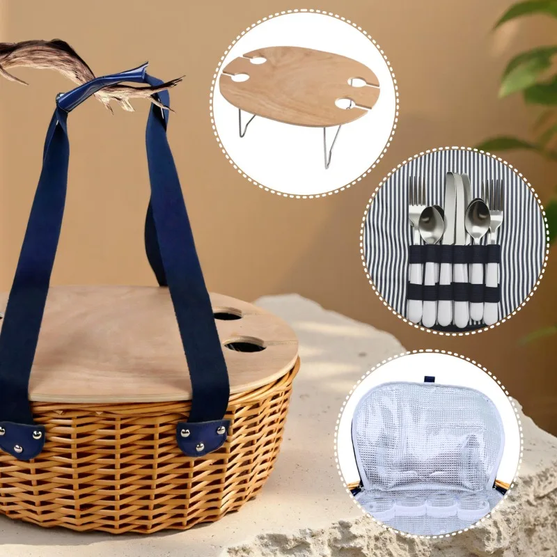 Woven Rattan Storage Basket Large Capacity Multi Use Picnic Hamper with Handle Outdoor Camping Basket for Beach BBQ Home Decor