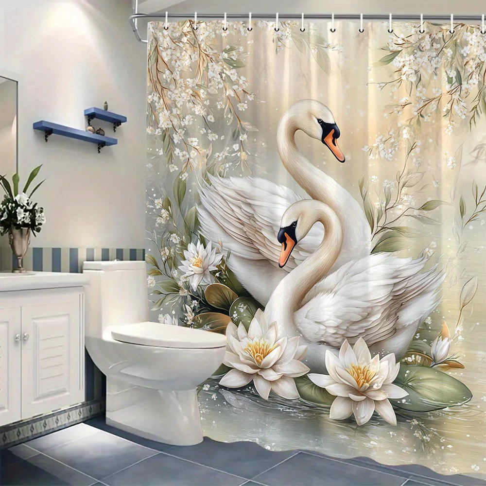 1pc Elegant White Swans & Water Lilies Shower Curtain with 12 Hooks - Serene Sunlit Garden Design, Blooming Lilies & Greenery