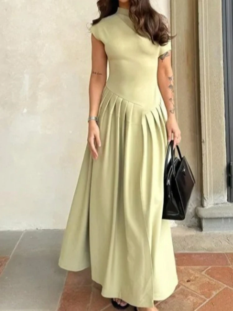 Nieuw in de zomer Dame geplooide maxi-jurk Chique elegante zwarte halve col met korte mouwen en hoge taille Jurken Kantoorstraatgewaden