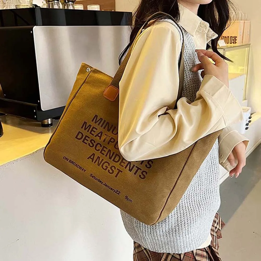 

Casual Canvas Shoulder Bag Magnetic Button Multi-Pocket Large Capacity Tote Bag Japanese Style Contrast Color