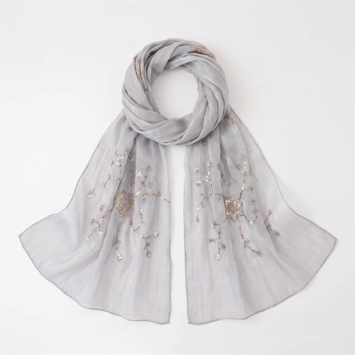 Fashion Crinkle Hijab Scarf With Floral Sequin Embroidery Lightweight Headscarf Shawl For Women Wedding Evening Cocktail Party view 6