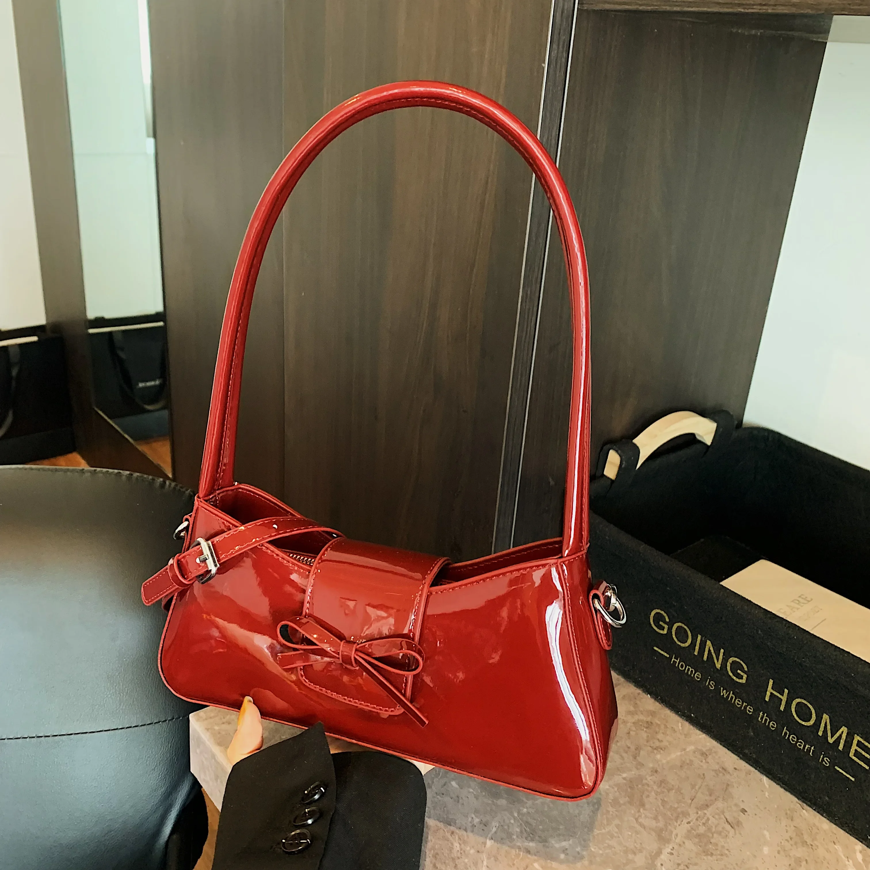

French Style Underarm Bag For Women Red Black Silver Handbag Clutch Bag Female Small PU Leather Crossbody Bags Fashion Bow Tote