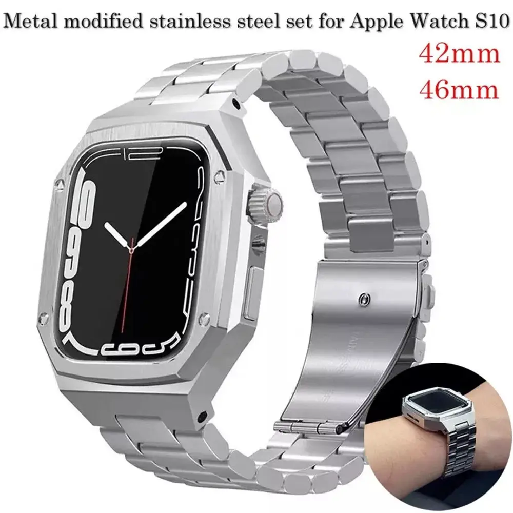 Premium Stainless Steel Metal Bezel Case + Strap AP Mod Kit for Apple Watch Series 10 46mm 42mm