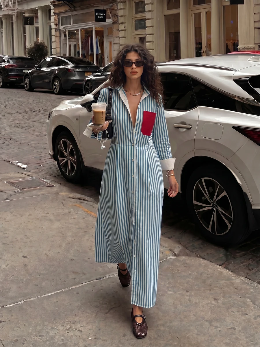 Missuoo Summer Casual Streetwear Dress for Women Turn Down Collar Long Sleeves Vertical Striped High Waist A-line Dresses