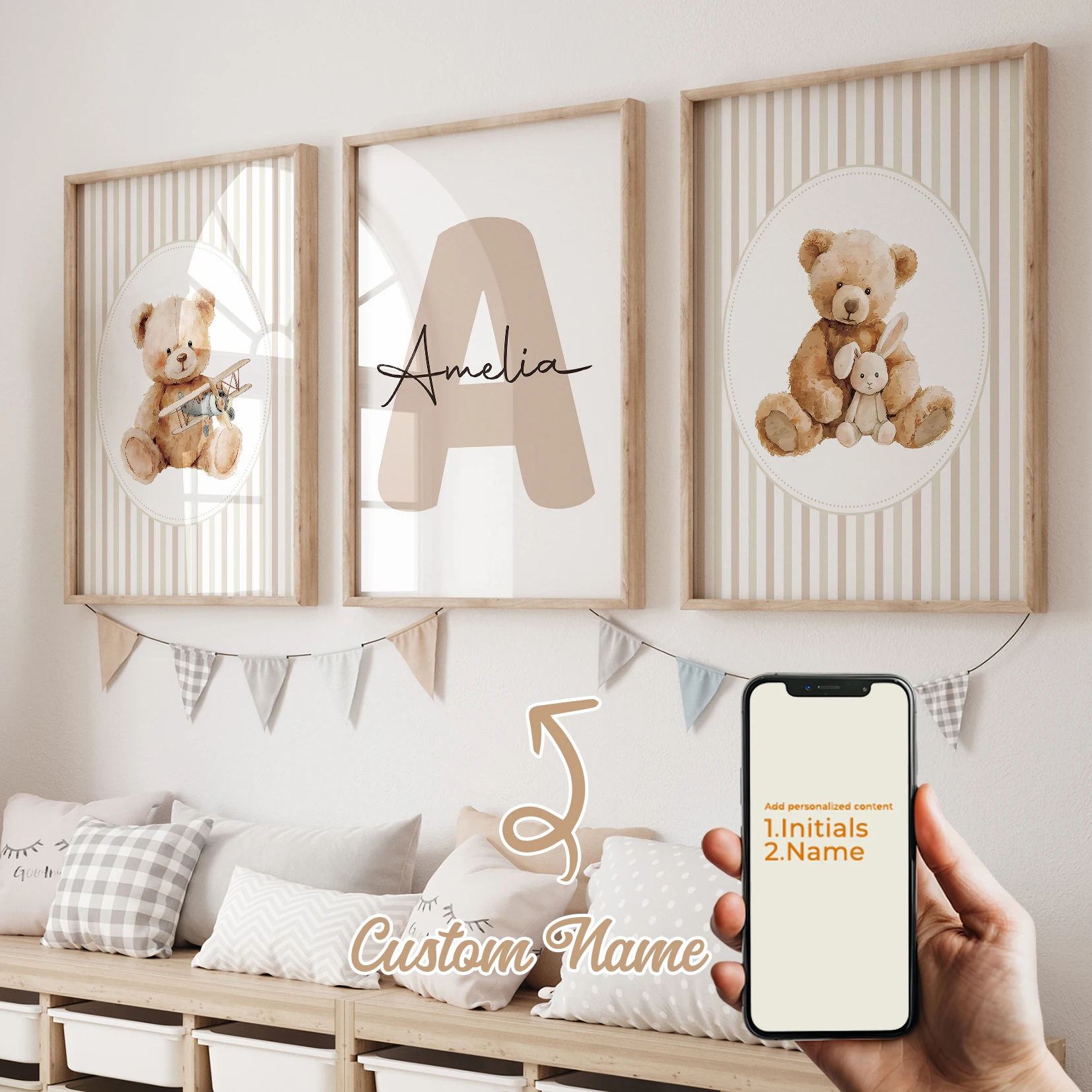 3pcs Personalized Custom Name Cartoon Animal Bear Wall Art Print Picture Canvas Poster Painting Living Room Home Decor