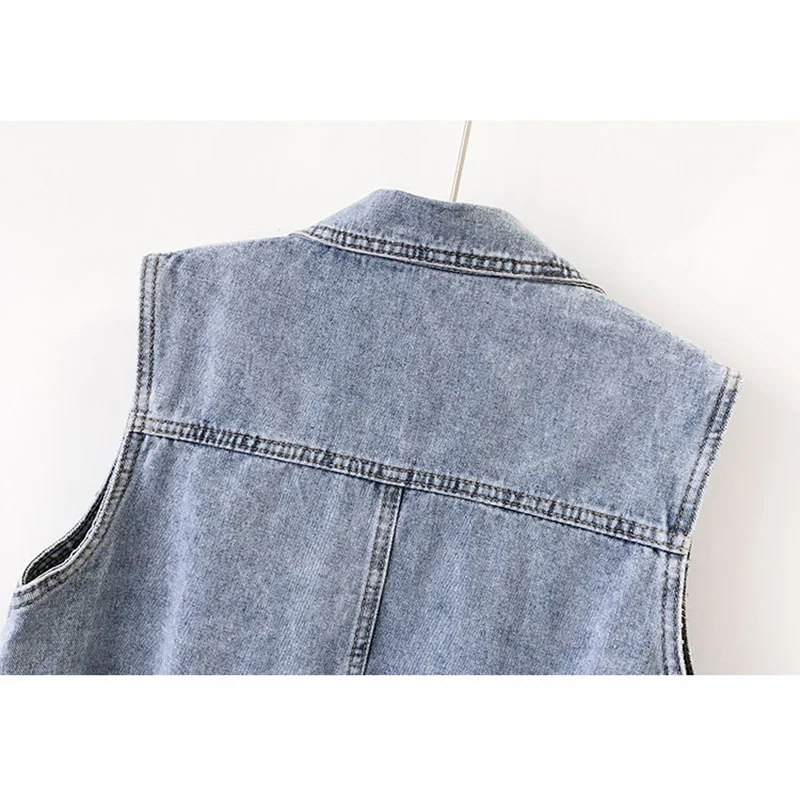 Vintage Lichtblauwe Pailletten Grote Zak Denim Vest Vrouwen Gilet Cowboy Mouwloze Jas Lente Losse Korte Jeans Vesten Dames