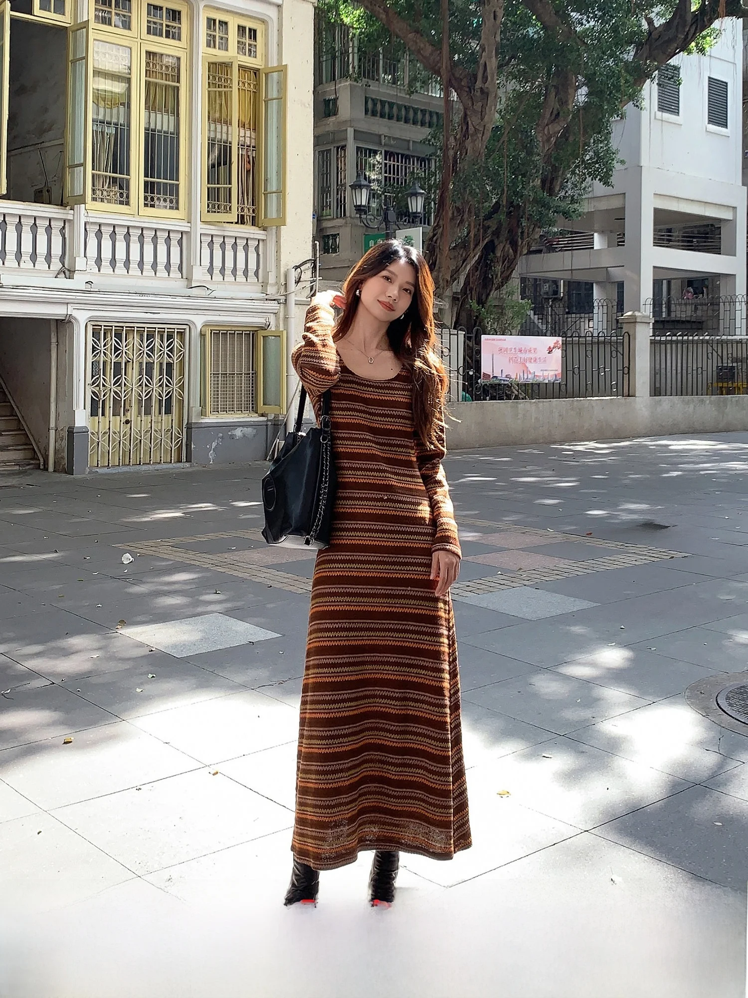 

Retro Striped Knitted Long Dr Women's Spring Autumn New Sle A-Line Midi Dr Inner Wear Long Skirt Commute Korean Sle