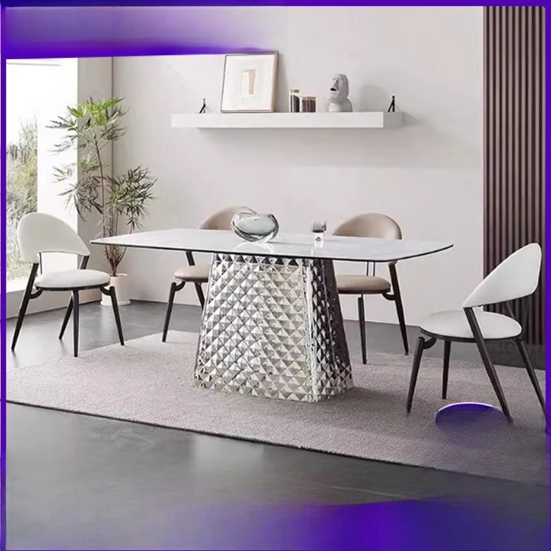 Italian minimalist rectangular rock slab dining table stainless steel light luxury modern simple small apartment household dinin
