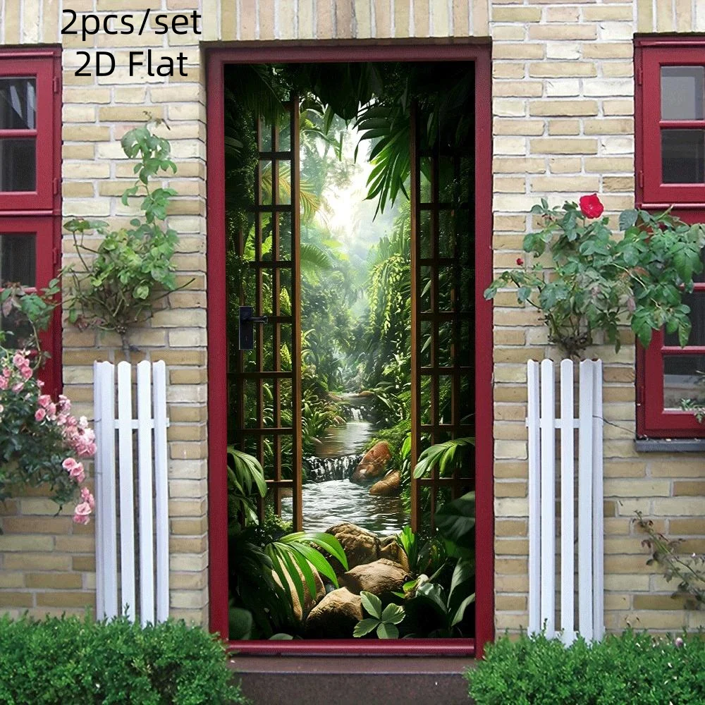 2pcs2d Forest Door Wall Stickers Tropical Rainforest Stream Waterfall Landscape Stickers Living Room Entrance Corridor Backgroun