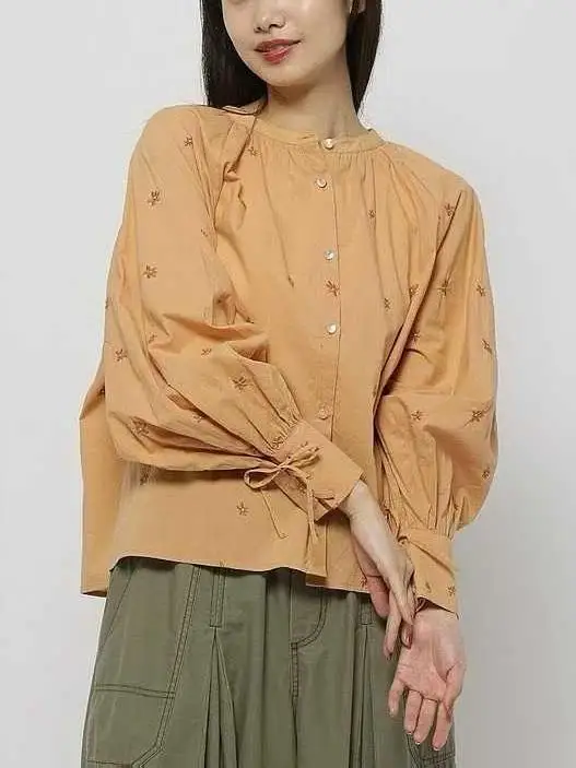 بلوزة Niko and Sweet Sle Faionable مطرزة بالزهور طويلة Sve irt من القطن الخالص المستقيم للنساء