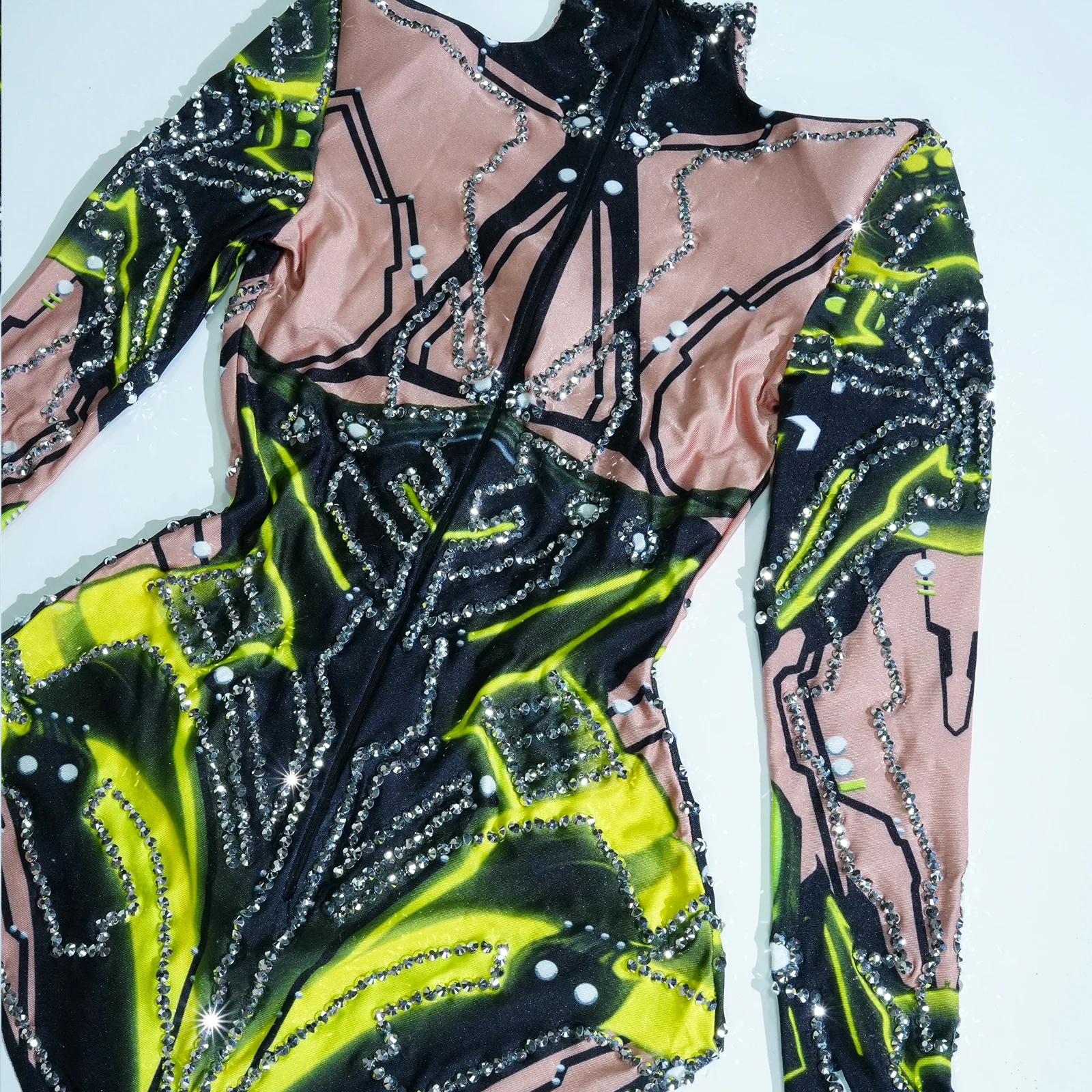 Błyszczące zielone body z nadrukiem Rhinestone Grupa tancerzy Wydajność Trykot Strój sceniczny Drag Queen Strój Nightclub Party