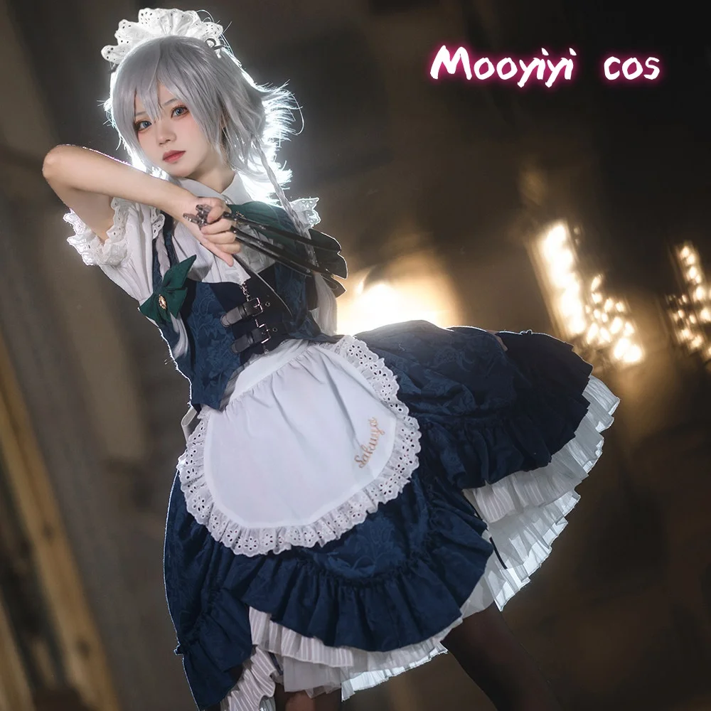 Fantasia de Cosplay Izayoi Sakuya para Halloween, Natal, Festas de Role Playing, Exposições de Quadrinhos, Jogos Touhou Lolita – Tamanhos S-XL