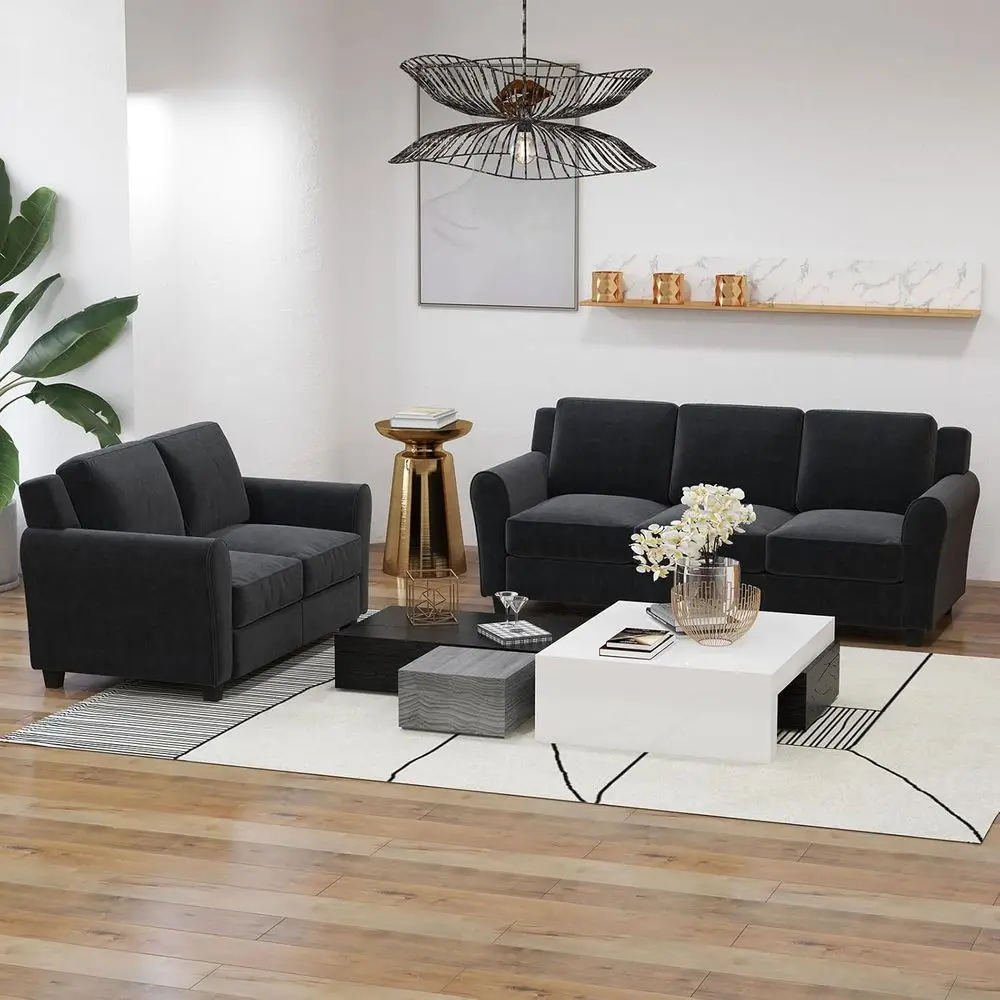 

2-Piece Comfortable Sofa Set with Thick Cushions for Living Room or Office, Black