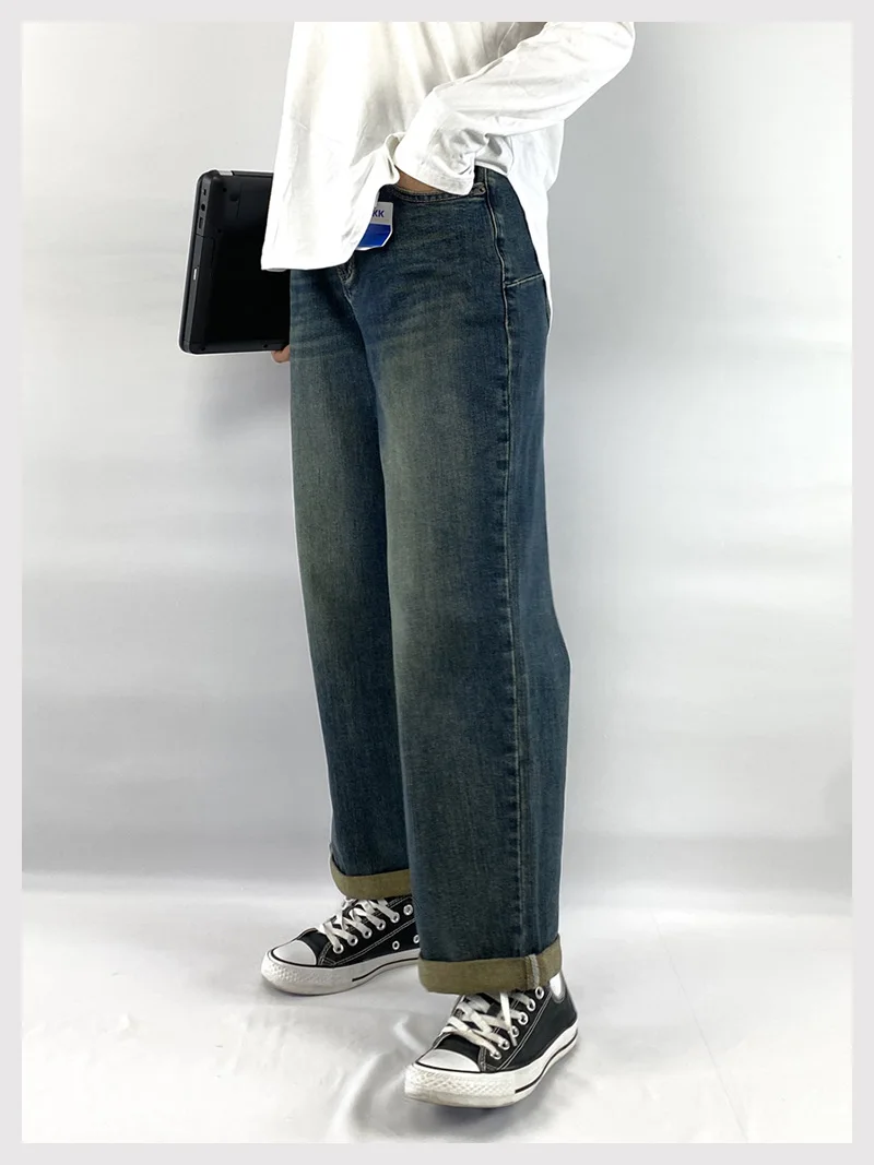 Spring/Autumn XL Women's Straight Leg Jeans Quality High Waist Loose Stretched Casual Cuffs Boyfriend Pants