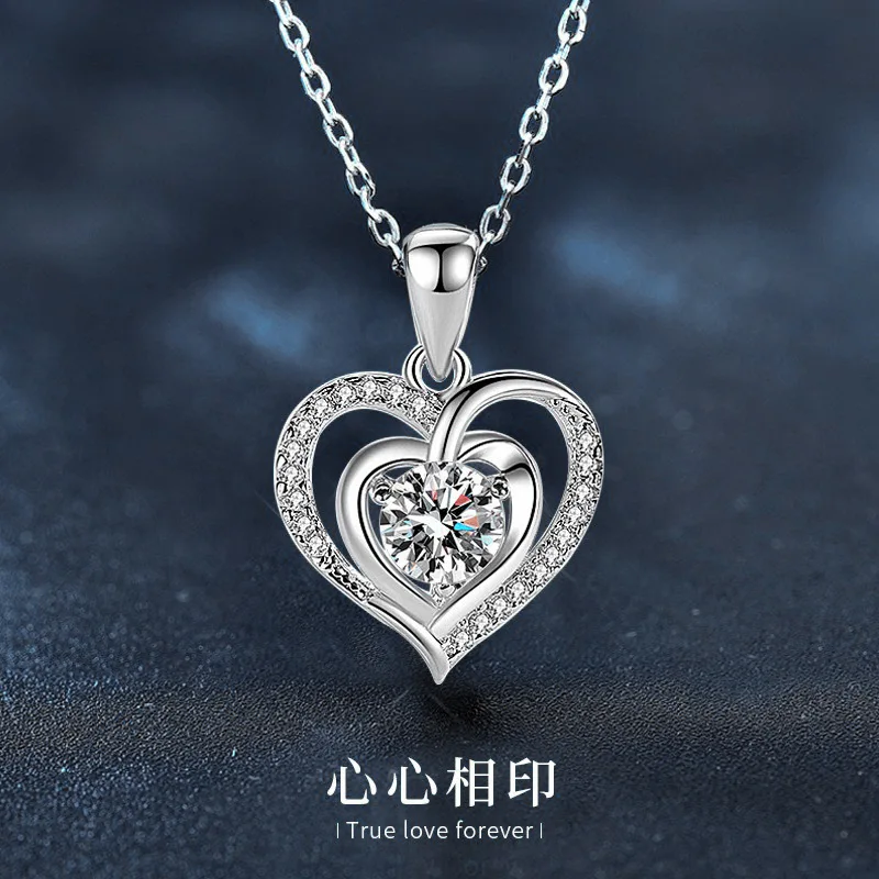 Silver jewelry 925 pure silver heart necklace, silver jewelry moissanite, internet famous trendy collarbone pendant, birthday gi