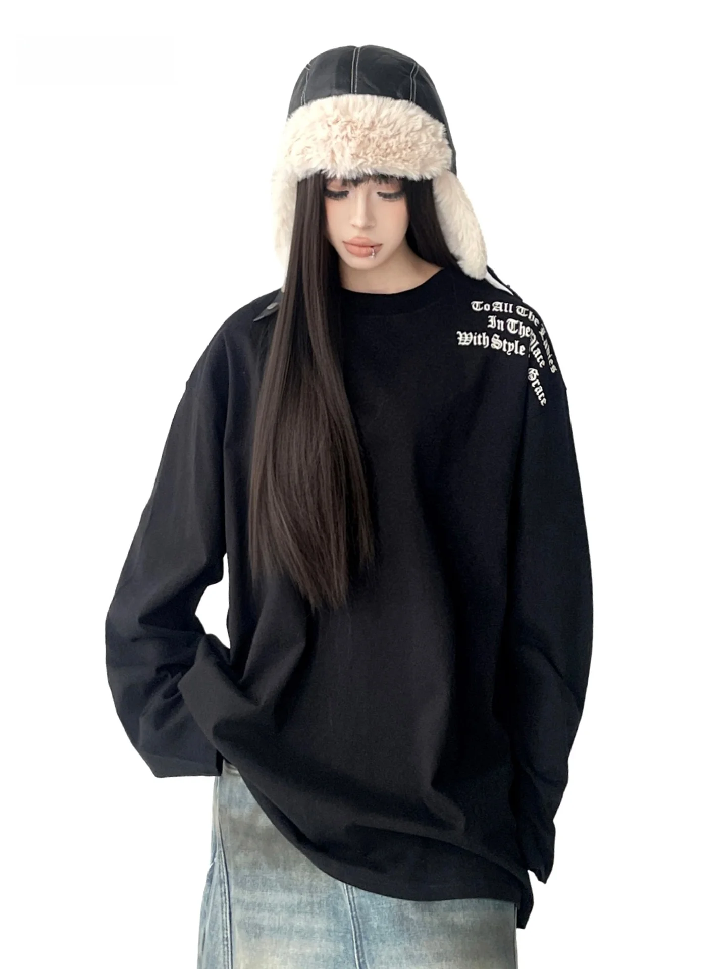 

mat Pure Color T-irt Women's Loose Long Cover Butt Top Cotton 00% round Ne ort Sve Printed Letter Design