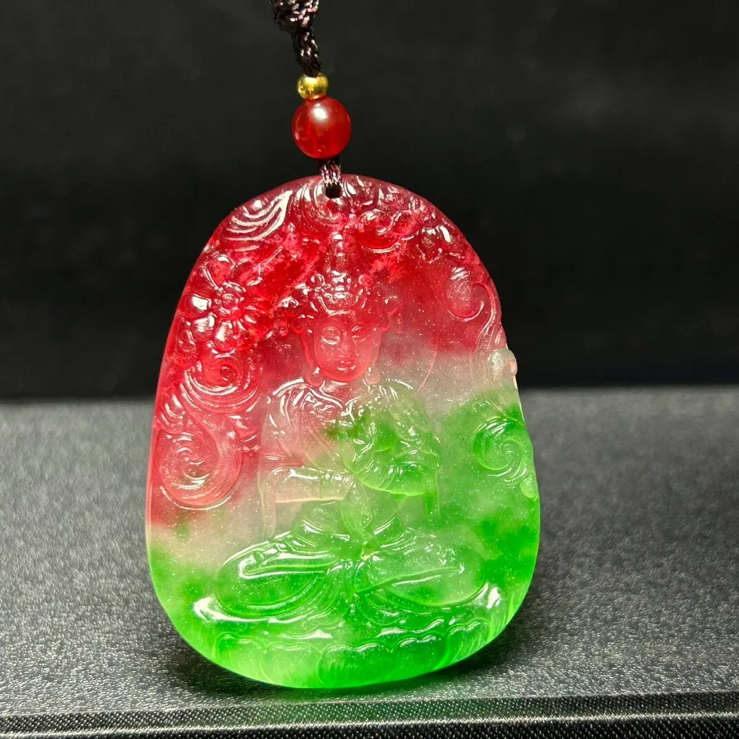Natural Ice Green&Red jade Jadeite Carved Guanyin Pendant&Necklaces