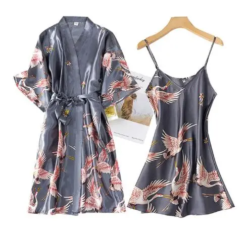 Sexy Nightwear Gown Set Women 2PC Pyjama V-Neck Pajamas Silky Sleepwear Spring Lady Sleep Suit Robe Wear Home Negligee Homewear