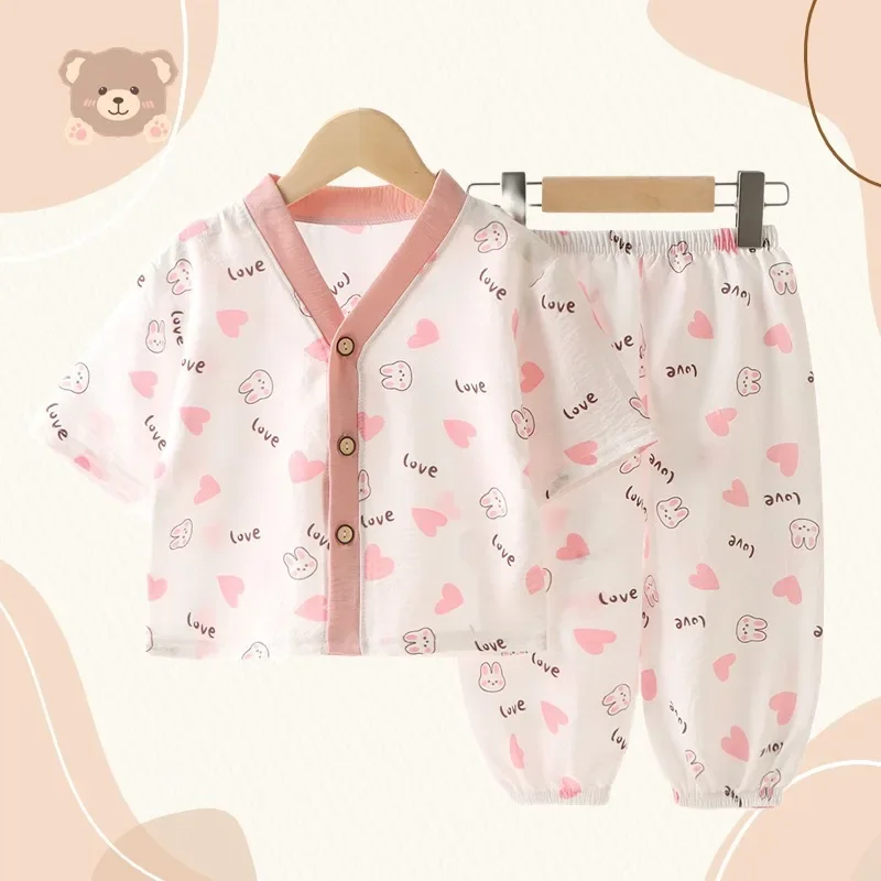 

New 2024 Kids Summer Thin Pajamas Sets Boys Girls Cute Cartoon Three-quarter Sleeve V-neck Shirts with Pants Baby Loungewear