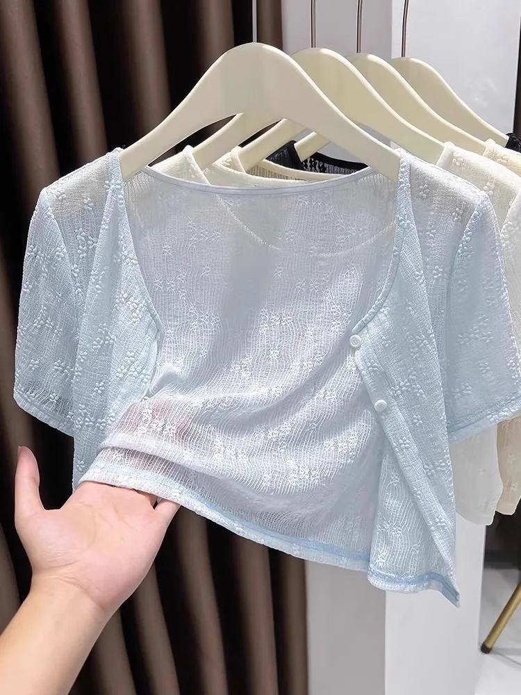 

Qingdao Lace Short Sleeve Open Cardigan Thin Summer Outerwear Ice Silk Mesh Small Shawl Commute Style round Neck Single Button