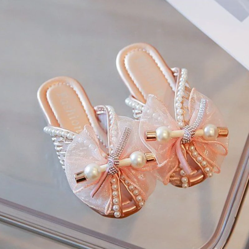 Girl's Princess Peep Toe Slippers with Bow Rhinestone 2026 Summer New Korean Style Flip Flops