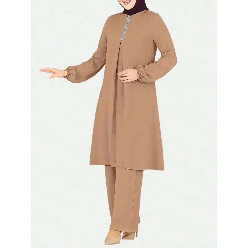 Spring Autumn New Style Solid Color Women's Fashion Casual Muslim Plain Round Neck Shirt Top With Long Pants Loose Two-Piece Set