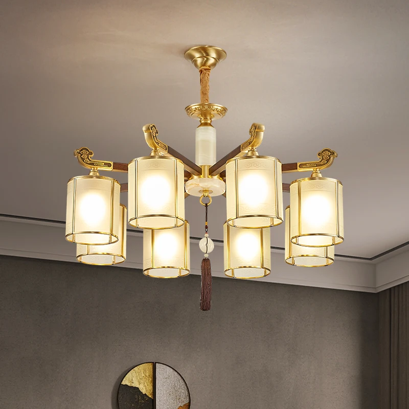 

2025 New Chinese Retro Modern All Copper Mahogany Chandelier Living Room Light 2025 New Rural Self-Built Villa Staircase Light