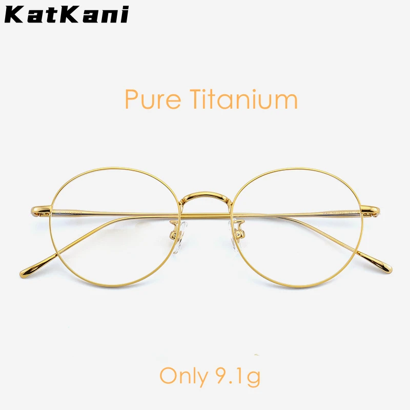 

KatKani Ultra-light Fashion Pure Titanium Eyeglasses Men Retro Round Decorative Optical Prescription Glasses Frame Women K3216