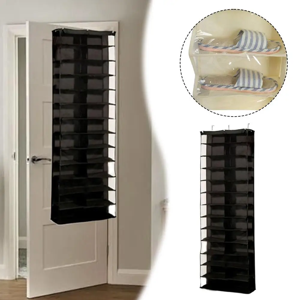 26 Pockets Over the Door Hanging Shoe Rack Organizer Transparent Fabric Storage Bag with Hooks for Bedroom Slipper Shoes Storage