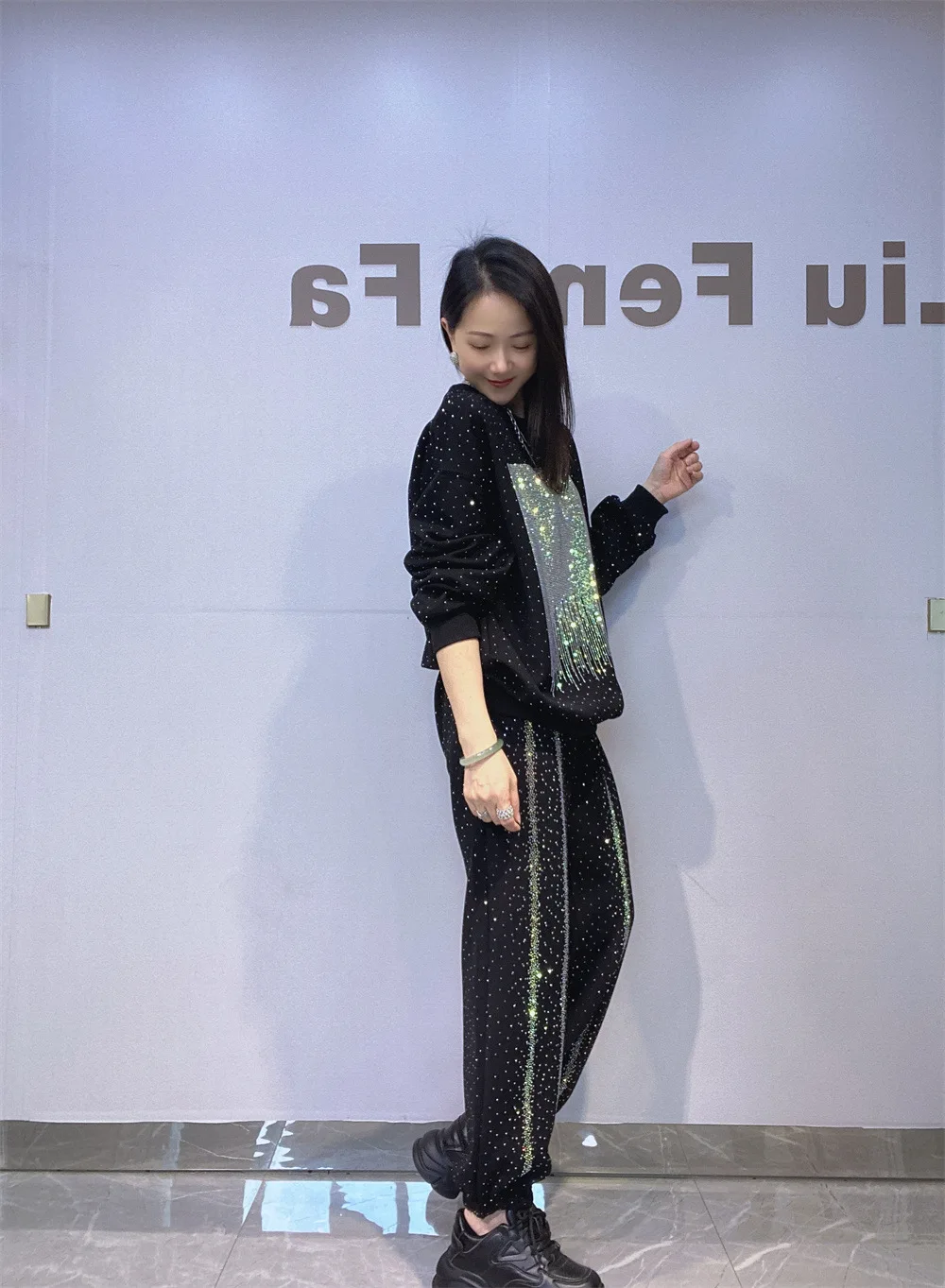 Pailletten Kapuzen Langarm Sweatshirt 2-teilige Hose Sets Frau japanische koreanische Mode lässig übergroße passende Sets Streetwear