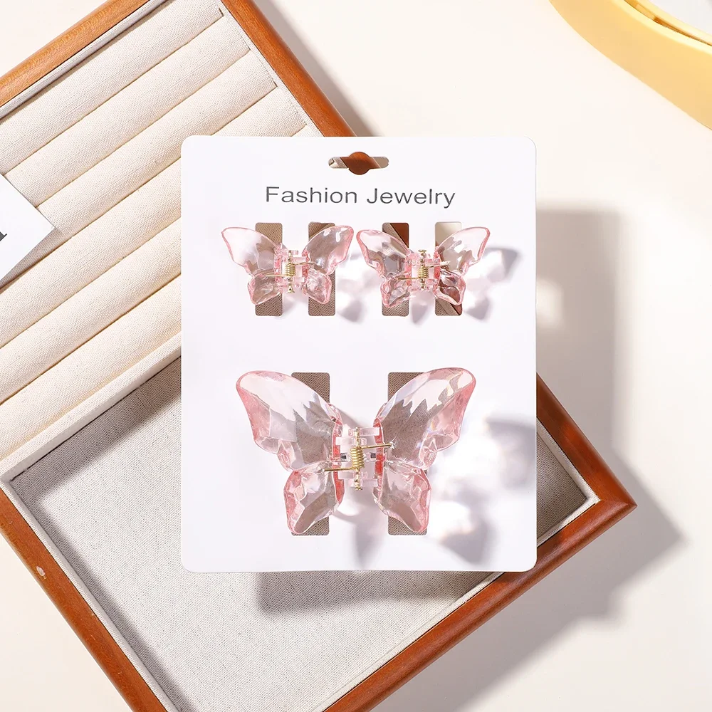 3Pcs Pink Medium Butterfly Hair Clips for Thick Thin Hair,Non Slip Cute Transparently Hair Claw Clip for Women Girls Accessories