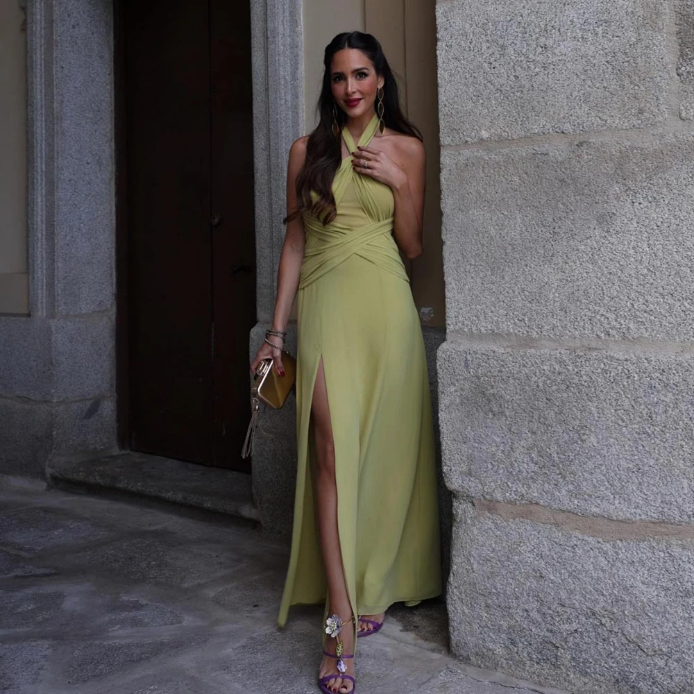 

Halter Yellow Spandex A-line Evening Dress Ankle Length With Slit Open Back Woman Clothes Ever Pretty Summer Casual Dresses