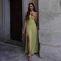 Halter Yellow Spandex A-line Evening Dress Ankle Length With Slit Open Back Woman Clothes Ever Pretty Summer Casual Dresses