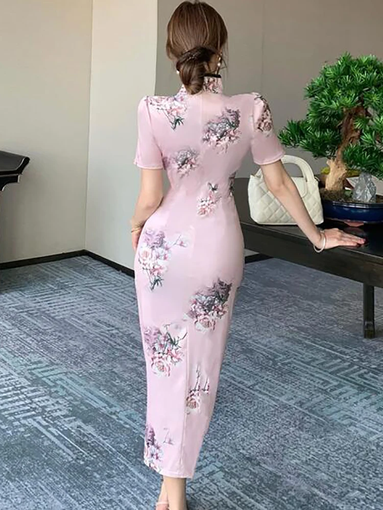 夏ピンクの花サテン高級ロングドレス女性半袖中空アウトスタンドカラードレス 2025 韓国ファッション高級 Vestidos