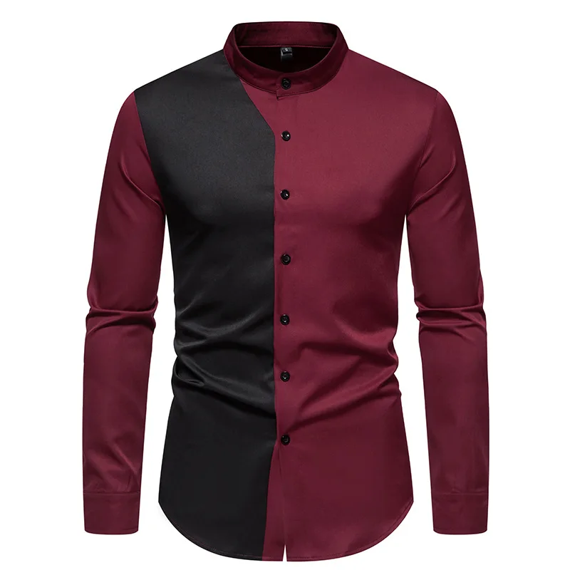 Mens Red Black Colorblock Henley Shirt Men Slim Fit Long Sleeve Casual Button Up Dress Shirts Business Social Chemise Homme XXL