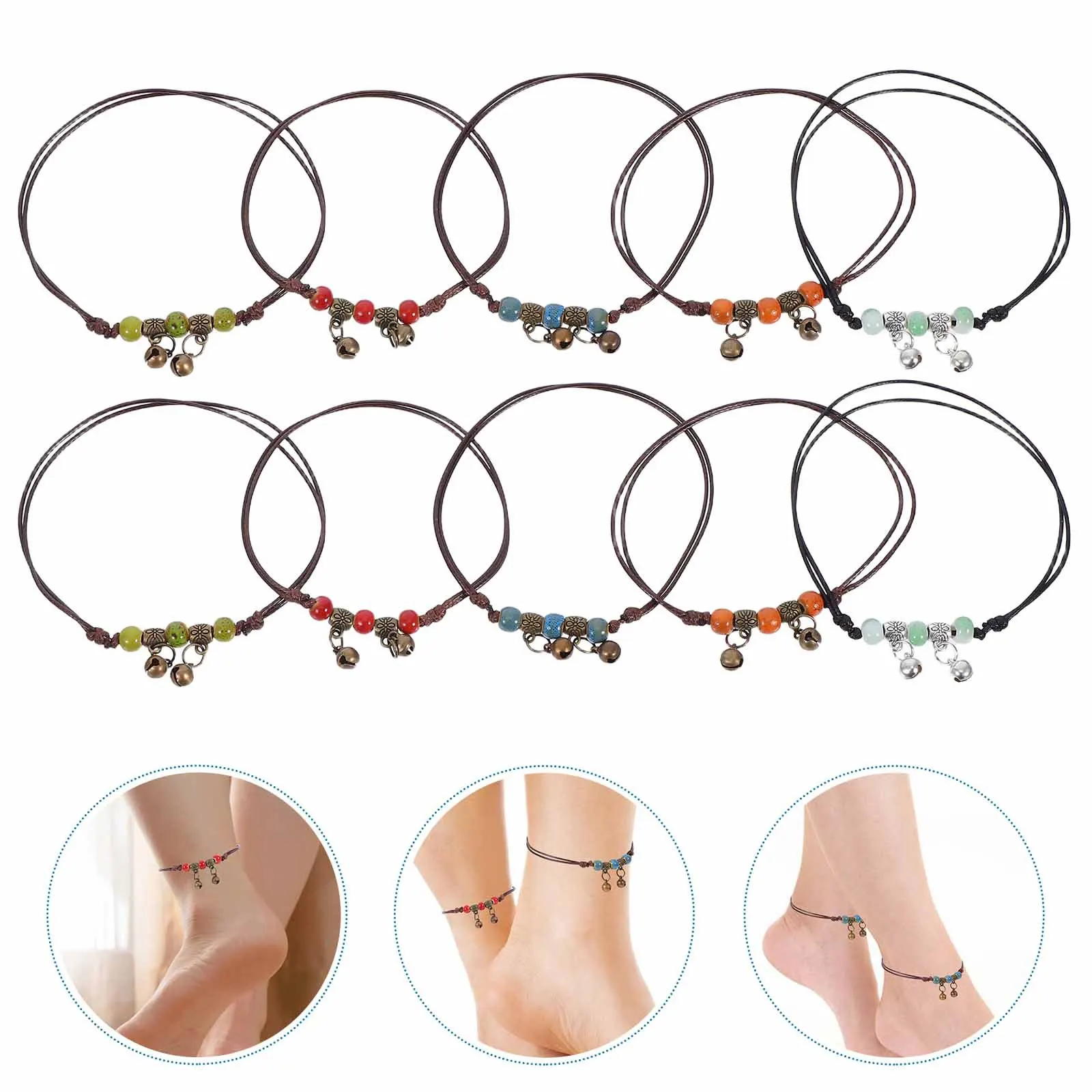 

10pcs Boho Ankle Bracelets Adjustable Ceramic Beads Foot Chain For Women Girls Vintage Porcelain Beaded Anklet Summer Beach