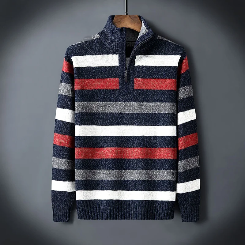 Pullovers de gola alta de inverno malhas masculinas casual listrado com zíper gola de tartaruga camisolas masculinas de malha