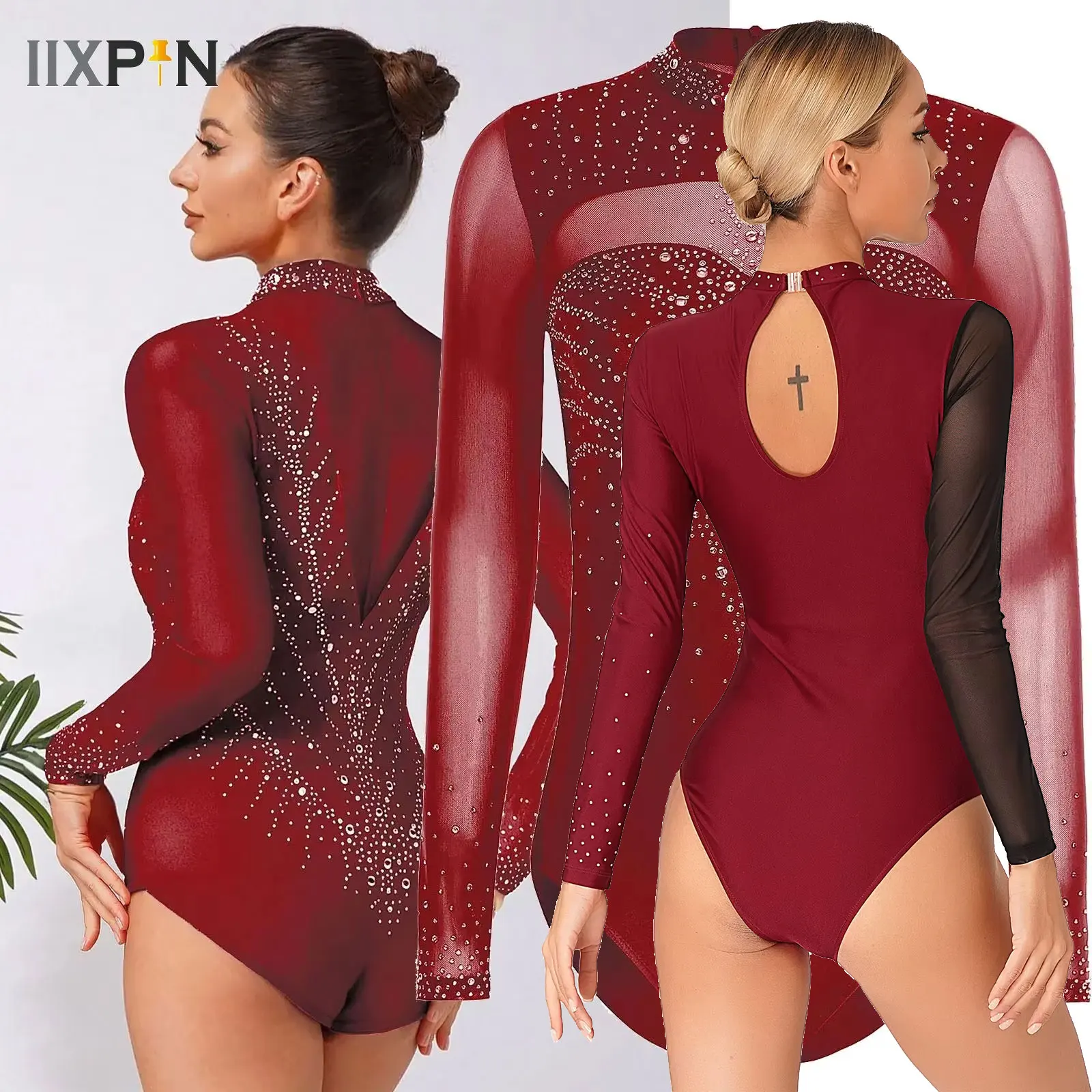 

Women Rhythmic Gymnastics Bodysuits Artistic Figure Skating Ballet Jersey Dance Performance Costume Shiny Rhinestones Leotard