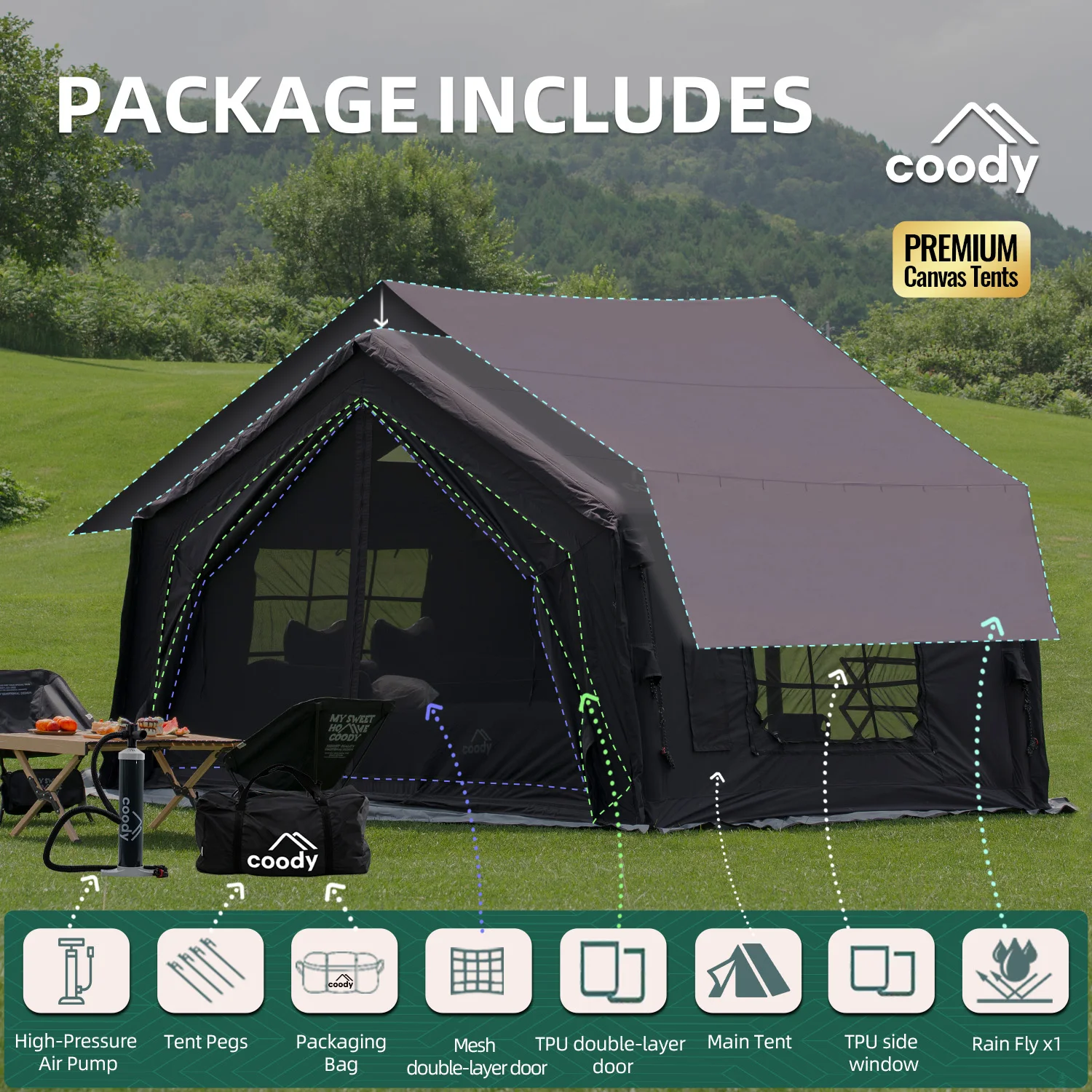 

10.0 Air Tent-Black Camping Luxury Large Tents Outdoor Family Cotton Fabric Camping Inflatable Tent